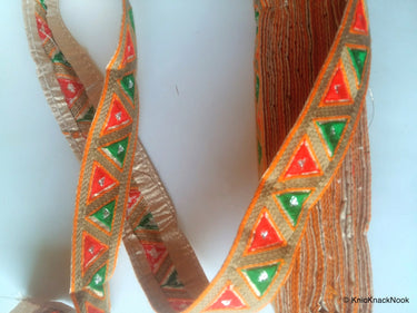 Wholesale Gold Fabric Trim With Green and Orange Triangle Embroidery, Embroidered Trim, 9 Yards